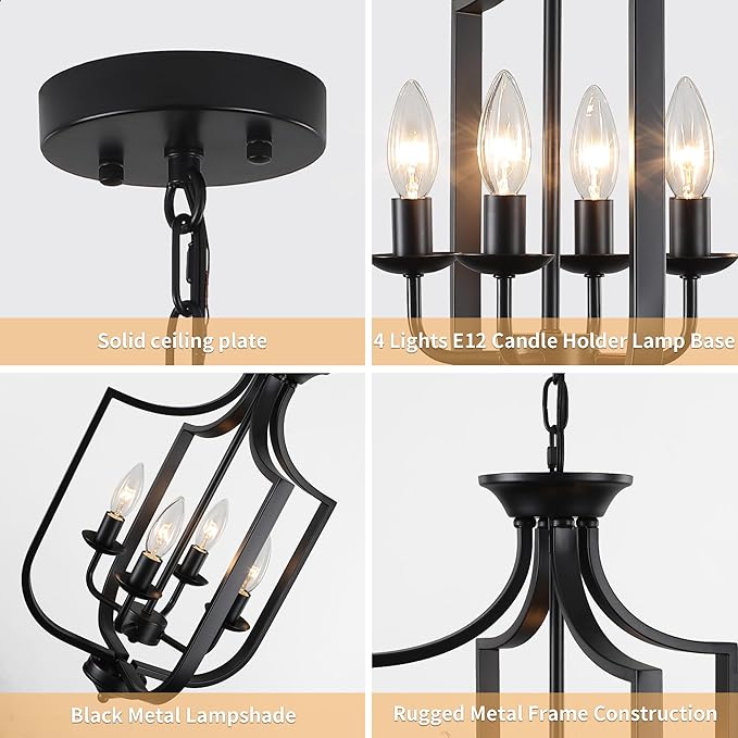 12.99'' Black Chandelier 4-Lights Modern Farmhouse Lantern Chandeliers for Dining Room Rustic Metal Cage Industrial Pendant Light Fixture Vintage Chandelier for Foyer Kitchen Entryway Living Room E12