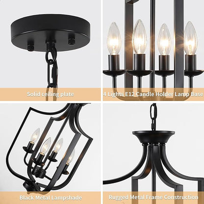 12.99'' Black Chandelier 4-Lights Modern Farmhouse Lantern Chandeliers for Dining Room Rustic Metal Cage Industrial Pendant Light Fixture Vintage Chandelier for Foyer Kitchen Entryway Living Room E12