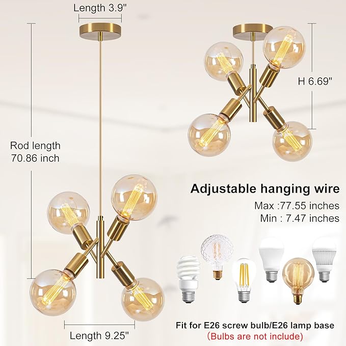 4-Lights Gold Chandelier Fixture Dining Room Light Fixture Over Table Mid Century Modern Chandelier Gold Sputnik Chandelier for Dining Room Living Room, Bedroom, Kitchen