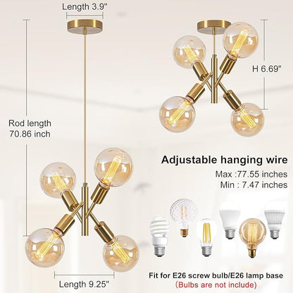 4-Lights Gold Chandelier Fixture Dining Room Light Fixture Over Table Mid Century Modern Chandelier Gold Sputnik Chandelier for Dining Room Living Room, Bedroom, Kitchen
