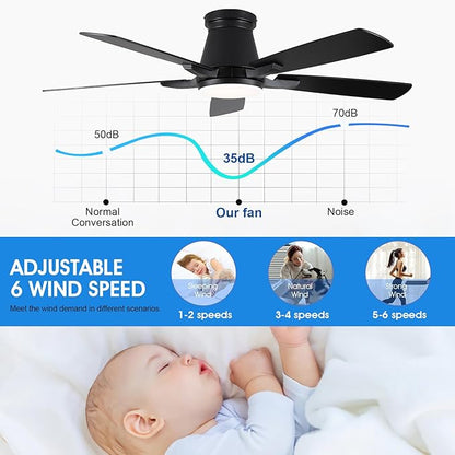 Surtime 52" Ceiling Fans with Lights-Low Profile Ceiling Fan with Light and Remote/APP Control,Flush Mount,DC Reversible,LED Dimmable Black Ceiling Fans for Bedroom,Indoor/Outdoor Patio Use
