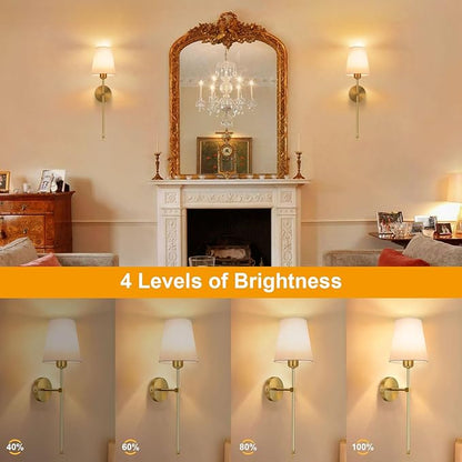 Battery Operated Wall Sconce, Gold Rechargeable Wall Lights with 10000mAh Dimmable Bulbs and 3 Dynamic Modes, 12 Colors Wireless Wall Lamps with Remote for Bedroom Living Room Hallway Decor, 2 Pack