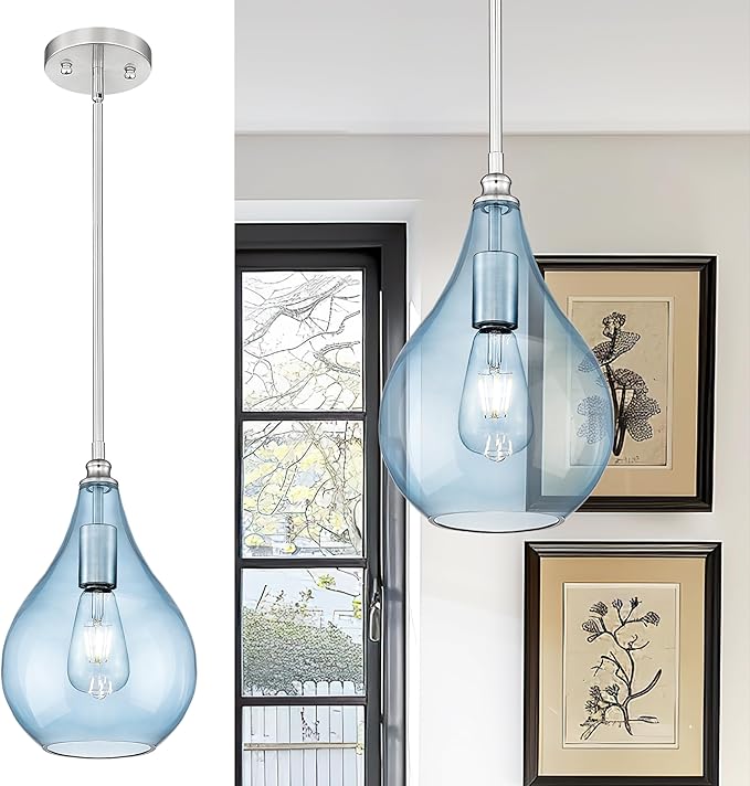 TENGXIN 8 Inch Hanging Pendant Light, Kitchen Island Pendant, Blue Glass, Farmhouse Style, Dining Room, Bedroom