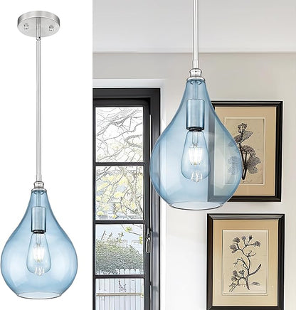 TENGXIN 8 Inch Hanging Pendant Light, Kitchen Island Pendant, Blue Glass, Farmhouse Style, Dining Room, Bedroom