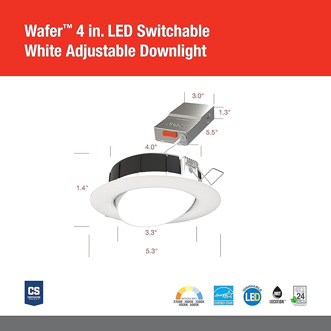 Juno LED Shower Light, Adjustable 4 Inch Wafer Downlight, Switchable Color Temperature 2700K/3000K/3500K/4000K/5000K, 90+ CRI, Matte White, 4-Inch