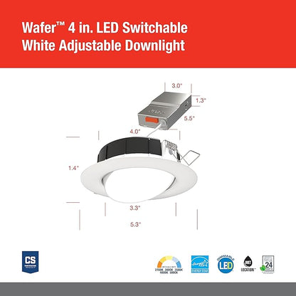 Juno LED Shower Light, Adjustable 4 Inch Wafer Downlight, Switchable Color Temperature 2700K/3000K/3500K/4000K/5000K, 90+ CRI, Matte White, 4-Inch