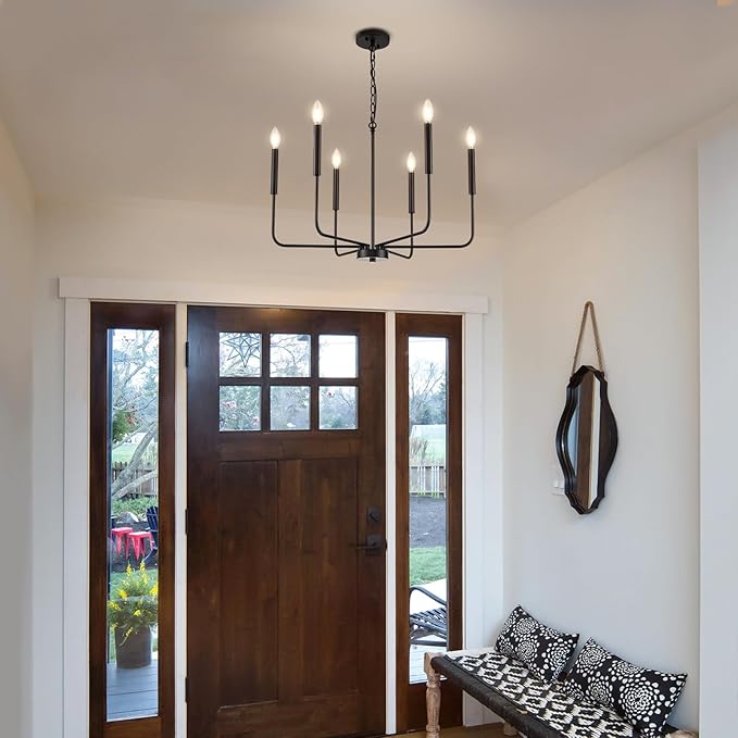 Black Chandelier, Modern Farmhouse Dining Room Light Fixture 6-Light Chandelier with Chain, Metal Hanging Lighting Fixtures Candle Dining Lights for Kitchen, Living Room, Bedroom, Foyer