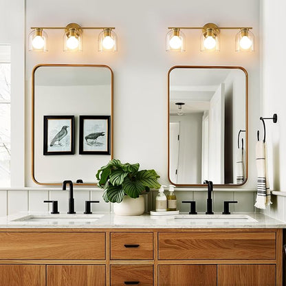 WOSHITU Bathroom Vanity Light Fixtures: 23.3 Inch Modern Brushed Gold Bathroom Light Fixtures Over Mirror with Clear Glass Shade, 3-Light Bathroom Lights Above Mirror