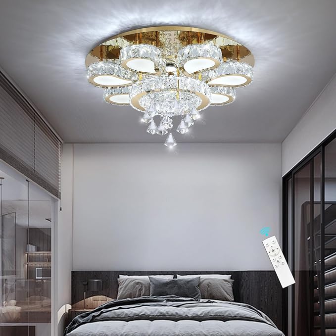 HAIXIANG Glam Crystal Chandelier for Living Room Dining Room Chandeliers Light Fixtures LED Remote Dimmbale Lighting for Dining Room Bedroom Living Room Gold 40W LEDs Lights