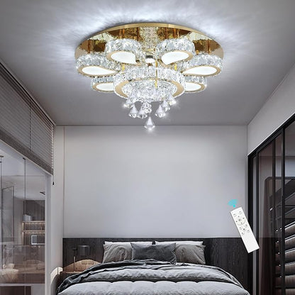 HAIXIANG Glam Crystal Chandelier for Living Room Dining Room Chandeliers Light Fixtures LED Remote Dimmbale Lighting for Dining Room Bedroom Living Room Gold 40W LEDs Lights