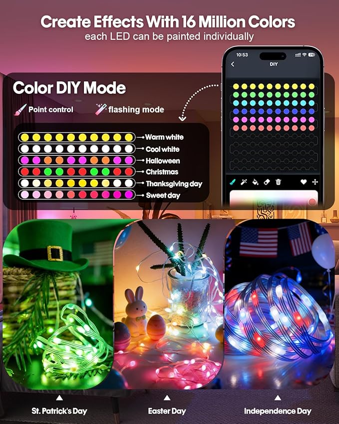 Super RGB Smart Fairy Lights 16.4Ft 50LEDs, Color Changing String Lights with Remote & App Control, RGB-IC Multicolor DIY Twinkle Lights for Bedroom, Birthday, Party, Indoor Holiday Decor