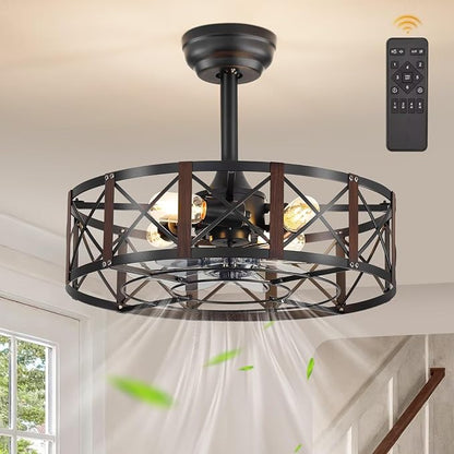 Fanbulous 20 Inch Fandelier Caged Ceiling Fans with Lights and Remote, Black Bladeless Ceiling Fan with 6 Speeds and Timing, Farmhouse Samll Fan Lights Ceiling Fixtures for Kitchen, Bedroom-Walnut