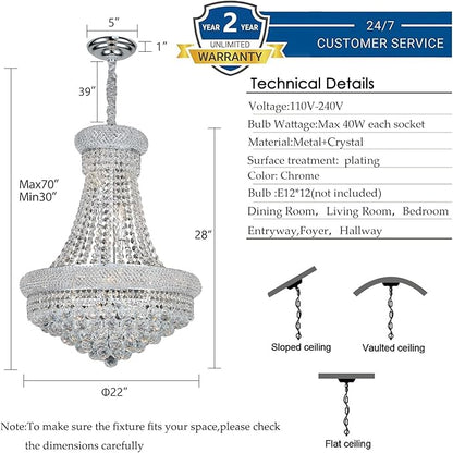 Crystal Chandeliers for Dining Room Light Fixture,Empire Style K9 Crystal Chandeliers for Entryway,12 Lights Chrome Luxury Lighting Fixtures for Living Room Stairway Bedroom Foyer D22 Inch
