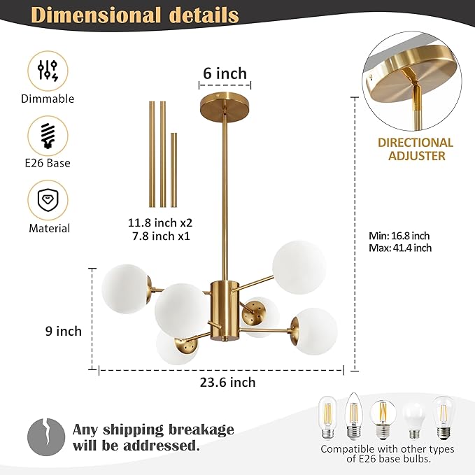 Bagood 6-Light Globe Sputnik Chandelier Milk Glass Modern Gold Chandelier Light Fixture Mid Century Sputnik Chandeliers Pendant Light Frosted Globe Adjustable Hanging Ceiling Light for Entryway