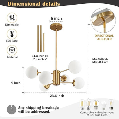Bagood 6-Light Globe Sputnik Chandelier Milk Glass Modern Gold Chandelier Light Fixture Mid Century Sputnik Chandeliers Pendant Light Frosted Globe Adjustable Hanging Ceiling Light for Entryway