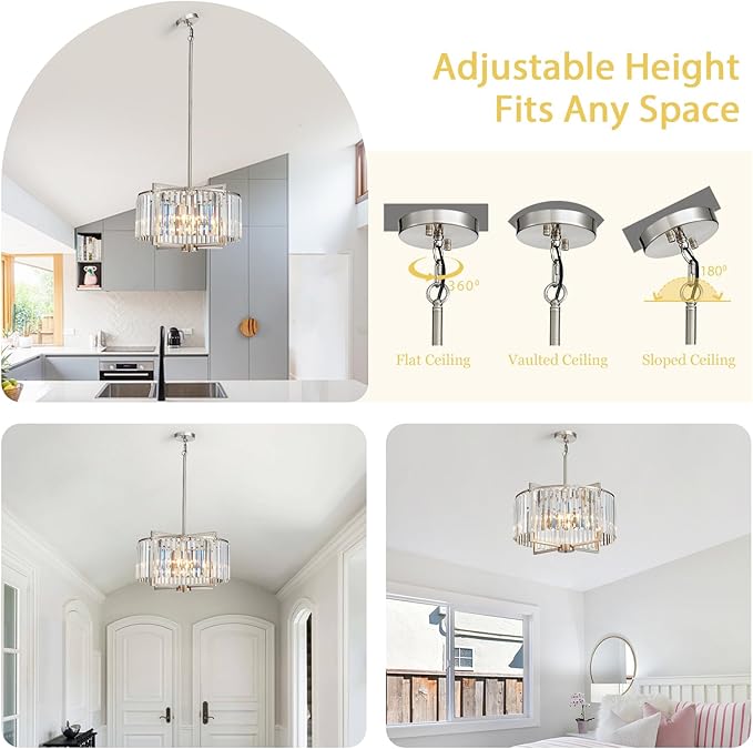 Crystal Dining Room Chandelier Light Fixture Modern Round Brushed Nickel Chandeliers for Kitchen Hallway Bedroom Foyer Living Room 5-Light 20 Inch Farmhouse Adjustable Height Hanging Light