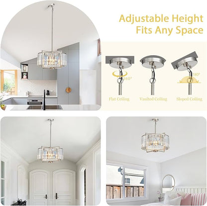 Crystal Dining Room Chandelier Light Fixture Modern Round Brushed Nickel Chandeliers for Kitchen Hallway Bedroom Foyer Living Room 5-Light 20 Inch Farmhouse Adjustable Height Hanging Light