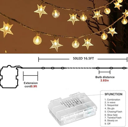 Globe/Star Fairy Lights Battery Operated 17ft 50LED String Lights with Remote Waterproof Indoor Outdoor Hanging Decorative Christmas Lights for Home Party Patio Garden Wedding