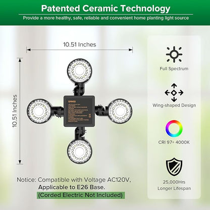 SANSI Grow Light for Indoor Plants, 40W (400 Watt Equiv) 4000 Lumen High PPFD Full Spectrum Plant Light with Remote Timer, Dimmable, Folding Wings Grow Light for Indoor Growing Greenhouse, E26 Base
