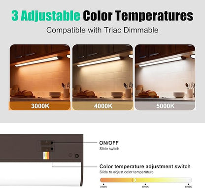 12 Inch LED Under Cabinet Light, Plug in Kitchen Lighting, 3CCT Selectable (3000K/4000K/5000K), CRI94 High Color Accuracy, Linkable, Slim Design Dimmable, Brown