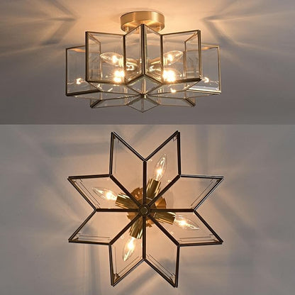 Milaii Star Semi Flush Mount Ceiling Light Fixture 16.3in Copper Brass Close to Ceiling Light Clear Glass 4-Light Hallway Lights for Kitchen Bedroom Foyer