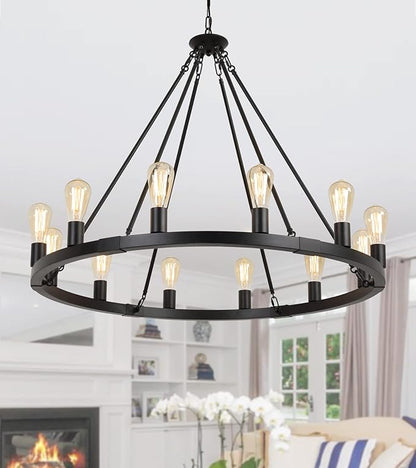 AMZASA Large Farmhouse Wagon Wheel Chandelier,Black Industrial Round 12 Lights Dining Room Light Fixture for Kitchen Living Room Foyer Hotel Dia38.2 Inches UL Listed