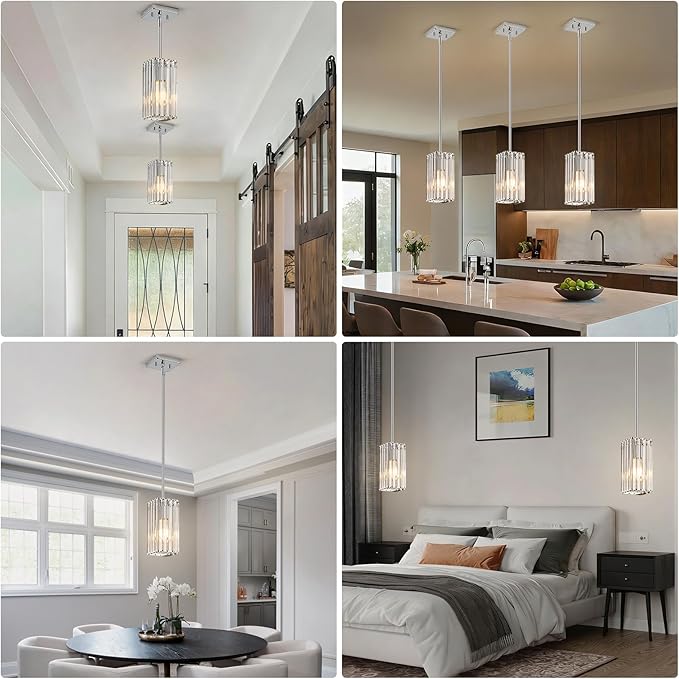 Modern Crystal Pendant Lights Kitchen Island, 3-Pack Chrome Hanging Light with Clear Crystal Shade, Adjustable Height Pendant Lighting for Kitchen Island Dining Room Bedroom Bar Entryway