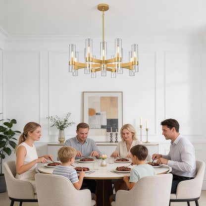 12 Light Gold Chandeliers for Dining Room Light Fixture, Modern Farmhouse Chandelier Over Table, Kitchen Hanging Lighting with Clear Glass Cover for Living Dining Room Kitchen Bedroom Foyer 34"