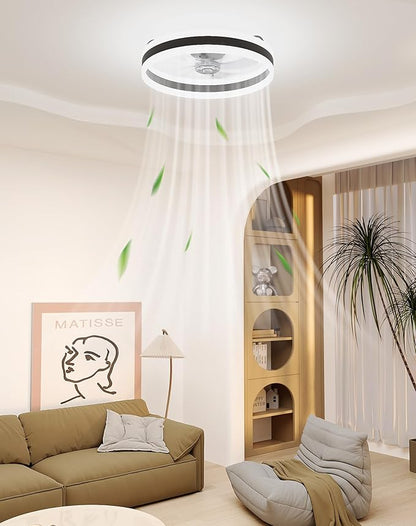 Simple Deluxe Ceiling Fan with Light 20in Low Profile Ceiling Fans with Lights and Remote Dimmable with 6 Wind Speeds Flush Mount Fandelier LED Fan Light Modern Smart for Bedroom, Black