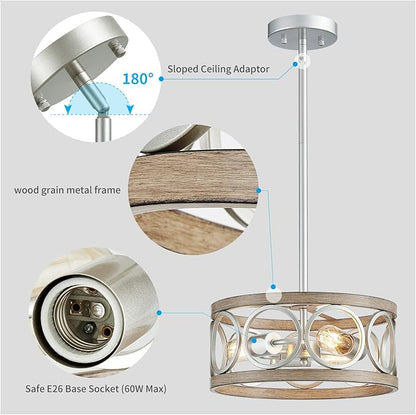 XINGQI 13" Rustic Drum Pendant Lighting Fixture Modern Chandelier 3-Light Height Adjustable Ceiling Lamp for Dining Room Kitchen Island Living Room Bedroom Foyer Hallway, Brushed Nickel
