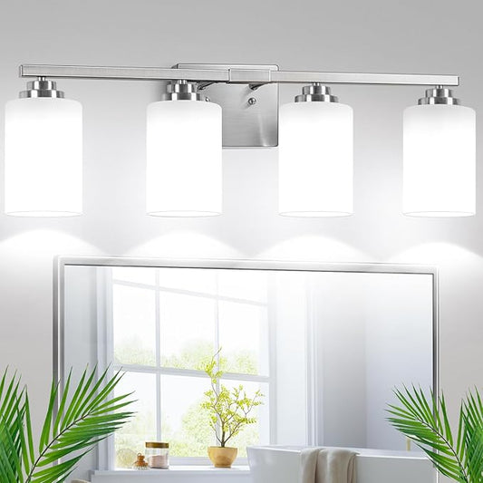 Brushed Nickel 4-Light Bathroom Light Fixtures, 27" Modern Vanity Lights Over Mirror with Milky White Frosted Glass Shade, Classic Wall Light Fixture for Mirror Living Room Cabinet Bedroom Porch
