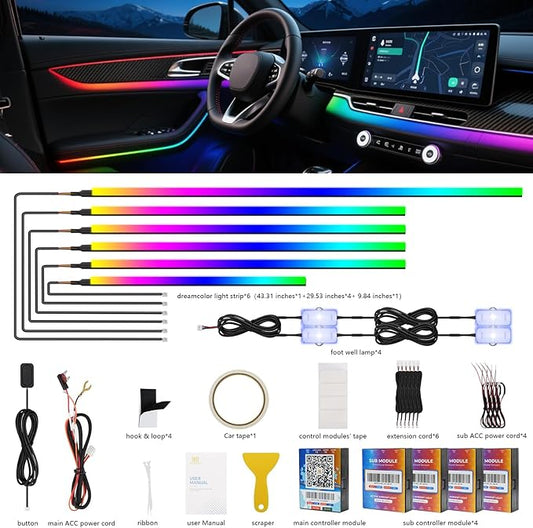 2026 Upgraded Interior Car LED Strip Lights, Acrylic LED Lights for Car Dynamic Dreamcolor Chasing, Dual-Zone Control,Ambient Lighting Kits Music Sync Dreamcolor 10 in 1 with Self-Developed APP
