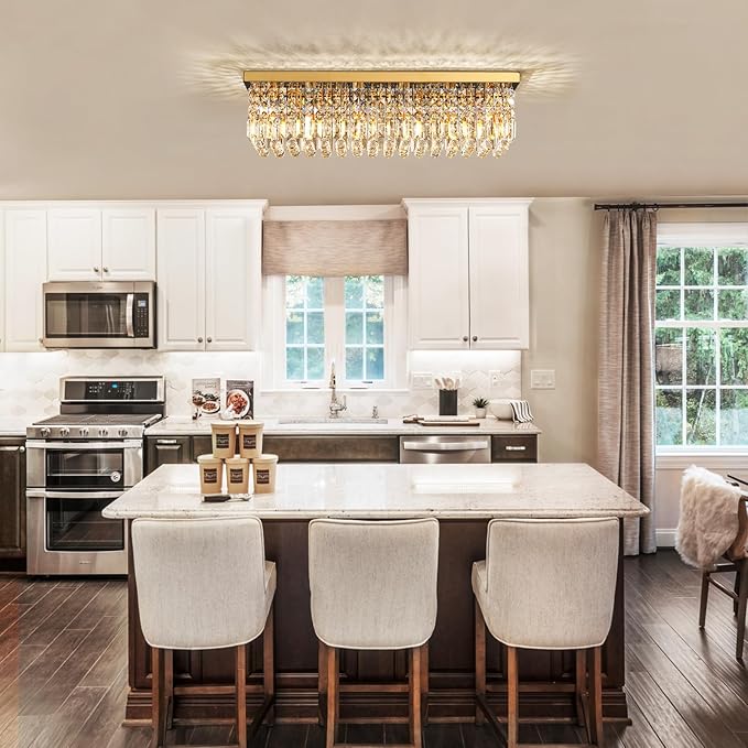 Siljoy 6-Light Modern Crystal Chandelier, Gold Rectangular K9 Crystal Raindrop Chandelier Flush Mount Ceiling Light Fixture for Dining Room Living Room Kitchen Island L31.5'' x W10'' x H10''