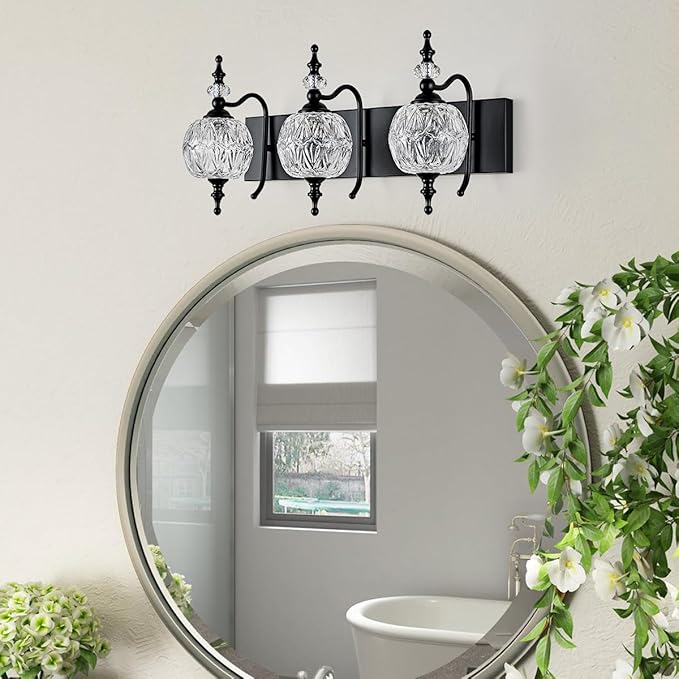 Vintage Black 3 Lights Bathroom Vanity Light Fixtures, Modern Bedhroom Lighting Painted Black Surface with Thick Crystal Glass Shade, Vintage Vanity Light for Bathroom Farmhouse Bedroom