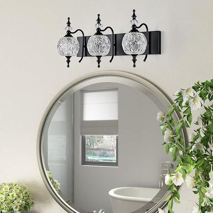 Vintage Black 3 Lights Bathroom Vanity Light Fixtures, Modern Bedhroom Lighting Painted Black Surface with Thick Crystal Glass Shade, Vintage Vanity Light for Bathroom Farmhouse Bedroom