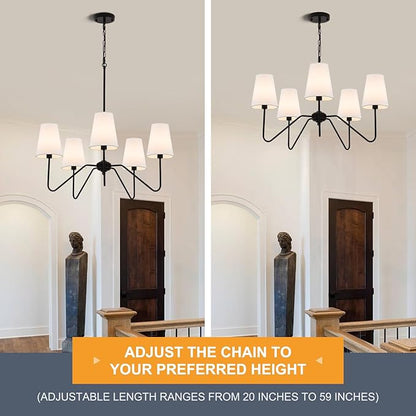 Chandeliers for Dining Room, Modern Pendant Light Fixture Over Table with White Shade Classic Ceiling Hanging Lighting for Living Room Hallway Bedroom, 5-Arm, 30" Dia, Height Adjustable