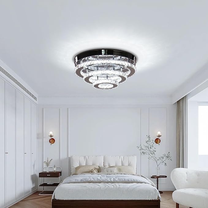 Modern Crystal Ceiling Light, 13.7" 3-Tier Round LED Flush Mount Chandelier, 42W Integrated LED, 6000K Cool White, Non-Dimmable Ceiling Lamp for Bedroom, Hallway, Entryway