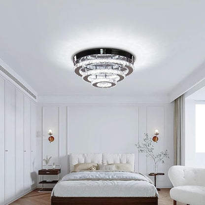 Modern Crystal Ceiling Light, 13.7" 3-Tier Round LED Flush Mount Chandelier, 42W Integrated LED, 6000K Cool White, Non-Dimmable Ceiling Lamp for Bedroom, Hallway, Entryway