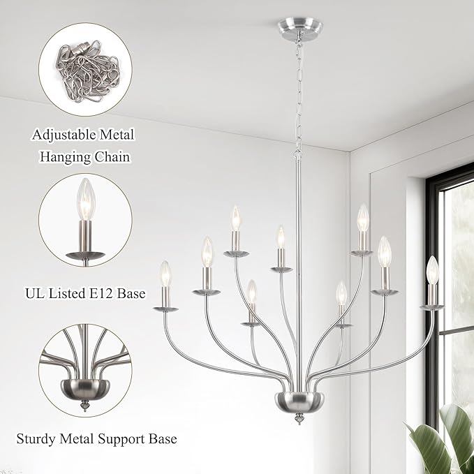 Brushed Nickel Chandelier, 9-Light Modern Farmhouse Chandelier for Dining Room Light Fixture, 2-Tier Industrial Hanging Country Candle Chandeliers for Living Room Foyer Bedroom Entryway Kitchen