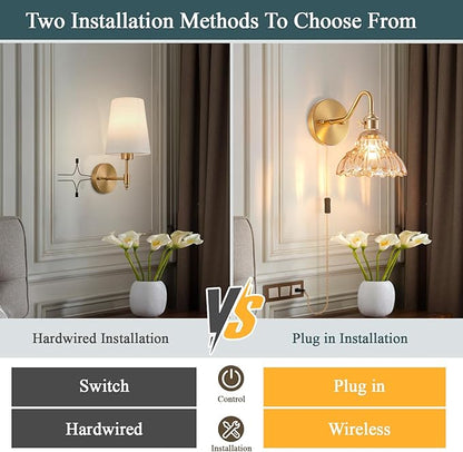Plug-in Wall Sconce (Set of 2), Vintage Wall Decorative Lamp with Amber Glass Shade, Indoor Brass Plug-in Wall Sconce for Bedroom, Living Room, Bathroom, Hallway