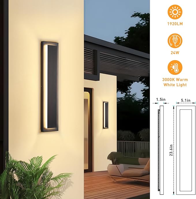 𝟐𝟒 𝐈𝐍 Porch Lights Outdoor Sconce Light,Modern Exterior Front Door Lighting Fixture,Black Led Long Outdoor Wall Light,Waterproof Outside Lights For House,Patio,Garage,24W Warm White 1 Pack