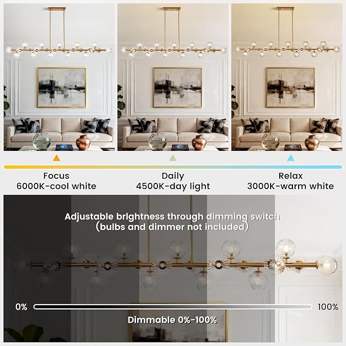 Gold Linear Large Chandelier Modern Chandelier Glass Pendant Light Fixture Adjustable for Dining Living Room Kitchen Island 22-Light 70"