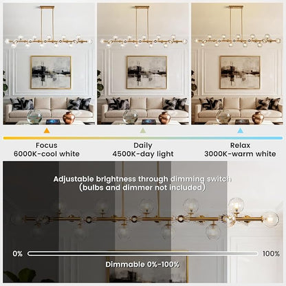 Gold Linear Large Chandelier Modern Chandelier Glass Pendant Light Fixture Adjustable for Dining Living Room Kitchen Island 22-Light 70"
