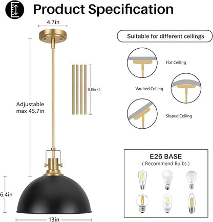 LamQee 13 Inch Black and Gold Metal Pendant Light Kitchen Island, Farmhouse Modern Dome Pendant Light Fixtures Ceiling Hanging Lighting Chandelier for Dining Room Over Table, Bar, Hallway, Entryway