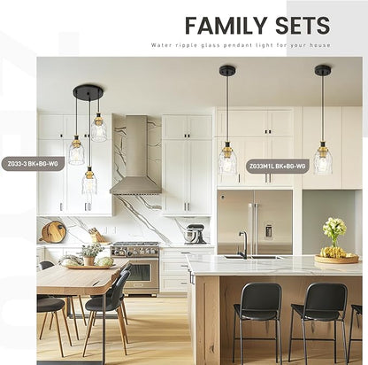 zeyu Glass Pendant Lights Kitchen Island, Kitchen Pendant Lighting Over Island with Water Ripple Glass, Modern Mini Hanging Light, Black and Gold Finish, ZG33M1L BK+BG-WG