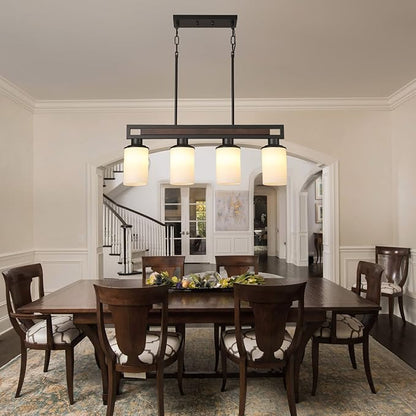 Farmhouse Dining Room Light Fixture, 4-Light Wood Kitchen Island Lighting for Dining Room Over Table, Black Adjustable Pendant Light with Milk Glass Shades, Linear Chandeliers Lighting for Kitchen