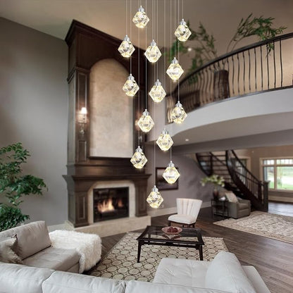 H138 High Ceiling Crystal Chandelier, 14-Light Chrome Pendant Light Fixture, Luxury Raindrop Chandelier for Foyer, Staircase, Villa, Entryway, Modern Large Crystal Lighting for Living Room