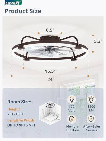 LEDIARY Ceiling Fans with Lights and Remote, 24'' Low Profile Ceiling Fan with Light, 3000-6000K Dimmable Fandelier LED Fan Light, 6 Wind Speeds, Brown Modern Flush Mount Ceiling Fan for Bedroom