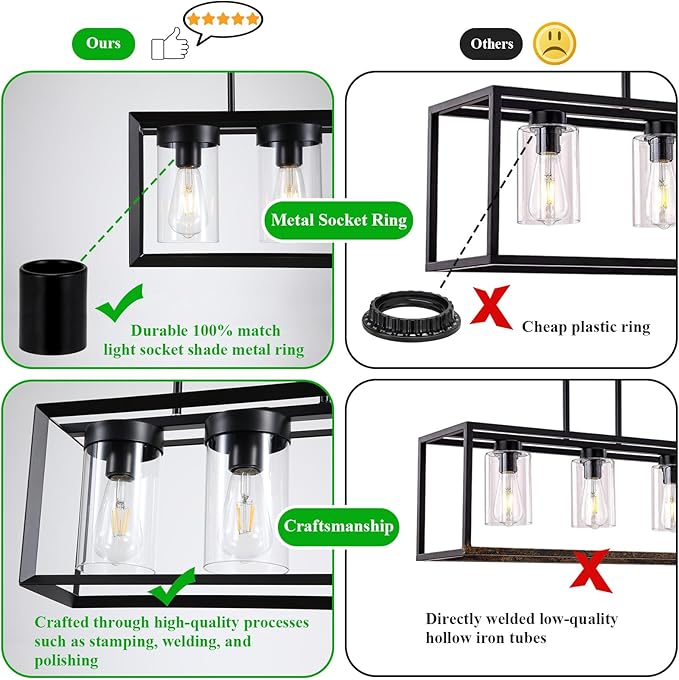 Modern 4-Light Linear Dining Room Light Fixture, Black Rectangle Farmhouse Chandeliers with Clear Glass Shades, Kitchen Island Lighting Fixtures Over Table Ceiling Hanging Pendant Lights