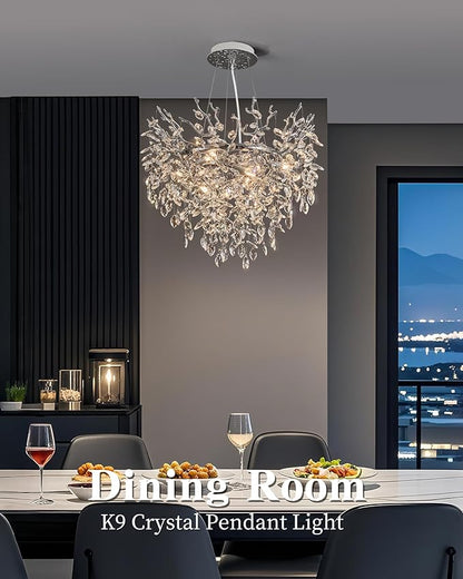 Modern Crystal Chandelier for Dining Room, 23.62" Chrome Tree Branch Chandeliers, 8-Light Luxury K9 Crystal Round Chandeliers for Kitchen Island Living Room
